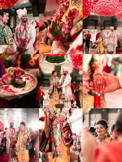 A grid collage showcasing the rich details of a Marathi wedding, from the puja thali and kanyadaan to the tying of the mangalsutra.