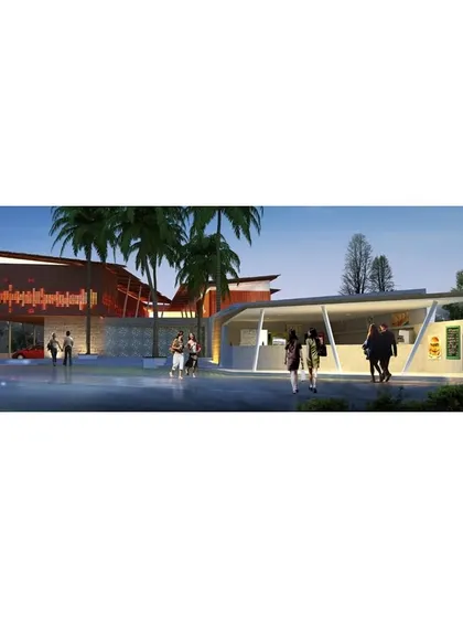 An artist's impression of the restaurant complex. The design consists of multiple interconnected structures with varying rooflines and material finishes, creating the feel of an organic, village-like cluster.