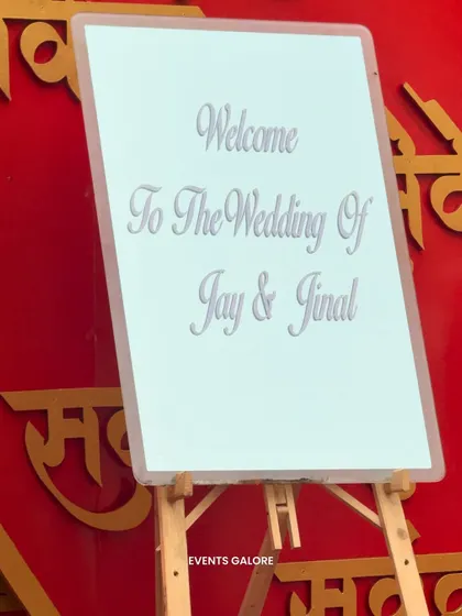 A simple, elegant welcome sign for Jay and Jinal's wedding ceremony, letting guests know they have arrived at the right place to witness the sacred union.