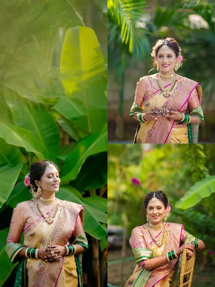 A set of serene bridal portraits in a lush, green environment, capturing the bride's calm and happy demeanor.