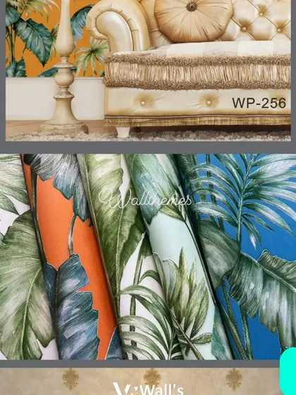 A collage showing tropical leaf wallpapers in rolls and installed in a room with classic furniture.