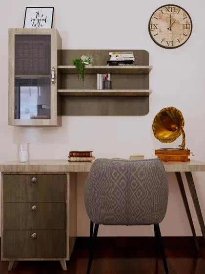 A traditionally-themed study table with a vintage touch. The design features classic turned legs, a rich wood finish, and a wall-mounted cabinet with a glass door.
