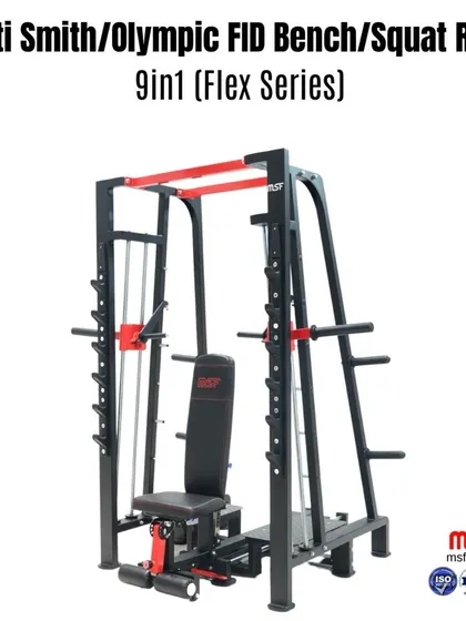 A front view of the 9-in-1 Multi Smith station with the bench in an upright position for shoulder presses.
