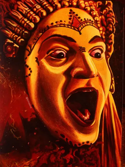 This powerful acrylic painting is inspired by the movie 'Kantara'. I used a vibrant palette of reds and yellows on paper to capture the intensity of the character's expression. This piece shows my ability to work with dramatic themes and strong emotions in my artwork.