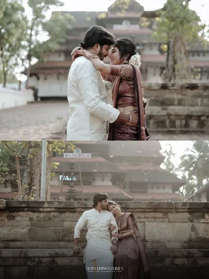 A collage of a couple's post-wedding portraits taken at a traditional Kerala temple, blending classic poses with the architectural beauty of the location.