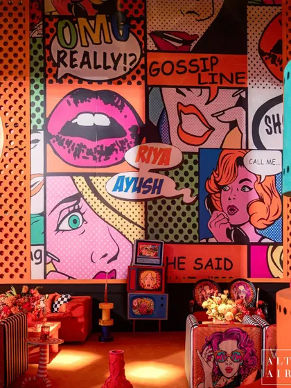 A room dedicated to Pop Art, inspired by Roy Lichtenstein. We had our own Indian pop artists paint on metal perforated sheets, creating a vibrant, comic-book world for the guests.