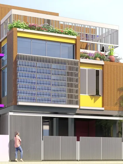 An alternative elevation for 'Inba Nilayam,' showcasing a different composition of materials and colors while maintaining the core concept of a modern home with vernacular roots.
