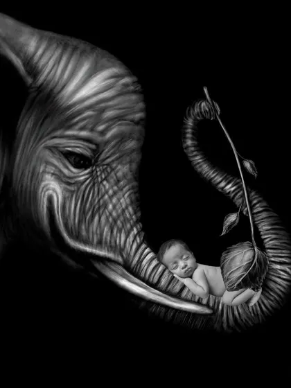 This is an example of my creative digital art service. I combined a photo of a newborn with a hand-drawn style elephant to create this unique and emotional black and white composite image.