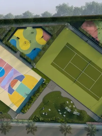 An aerial render of a multi-sport complex, featuring a colorful basketball court, a standard tennis court, and other play zones, showcasing our ability to design dense, activity-rich areas.