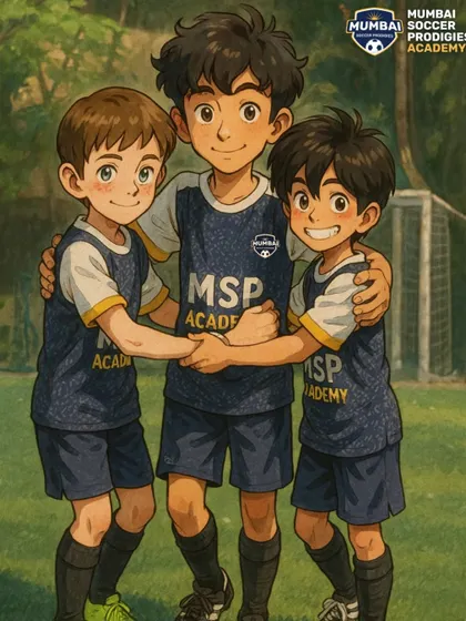 Three players embracing, a Ghibli-style illustration of the family bond we foster at our academy.