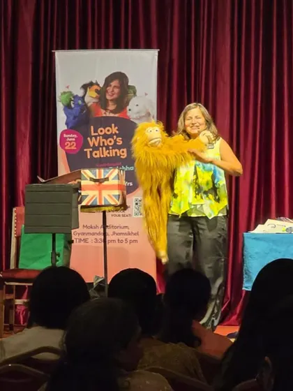 This is Darwin, my furry monkey puppet, who is always a big hit with the younger audience members.