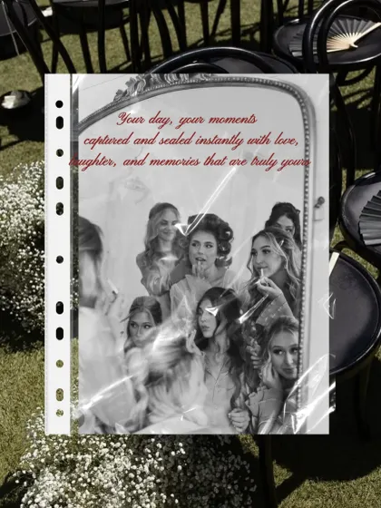 Your day, your moments, captured and sealed instantly. This image shows a page protector over a collection of bachelorette party photos, preserving the fun, laughter, and memories that are truly yours.