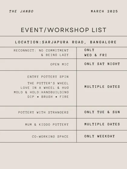 Our March 2025 event list for Bangalore, featuring everything from Open Mic nights to 'Pottery with Strangers'.