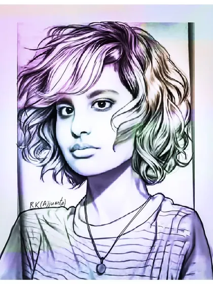 This digital portrait has a dreamy, purple and blue gradient applied, giving it a completely different mood. It shows the versatility of digital art.