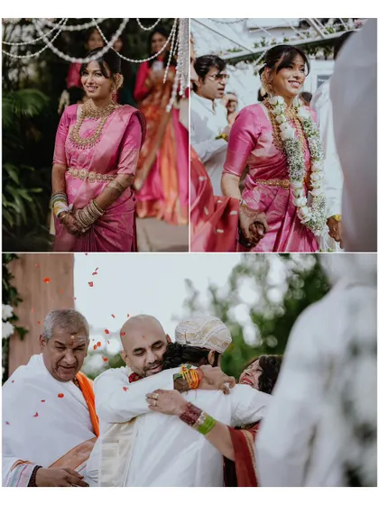 A collage of emotional moments, including the bride's entrance and a heartfelt hug between family members.
