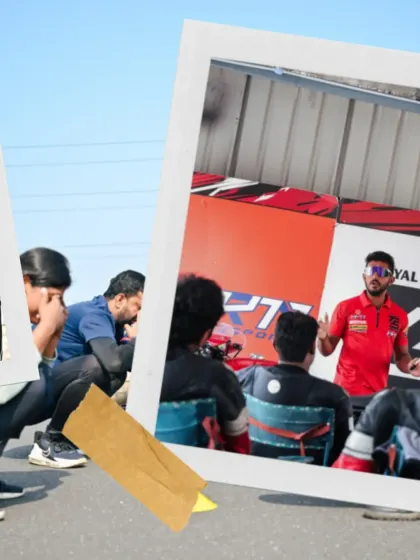 A collage showing a classroom session and riders listening intently.