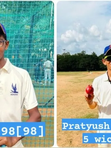A dual celebration of our players' all-round excellence in a KSCA U-14 League match, with Sanjith scoring 98 runs and Pratyush G Shetty taking 5 wickets.
