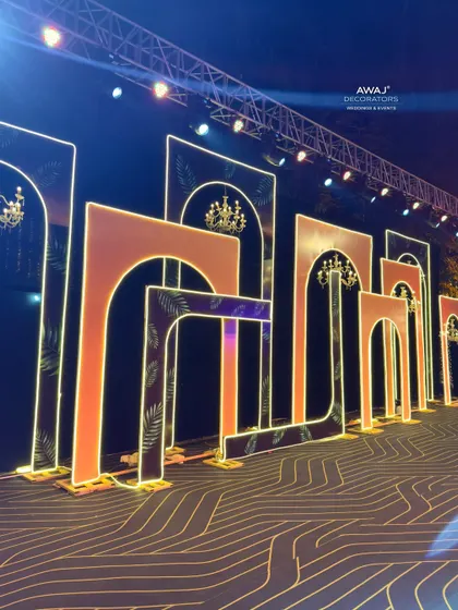 Another perspective of the layered arches, showcasing the intricate design and the warm glow of the lights.