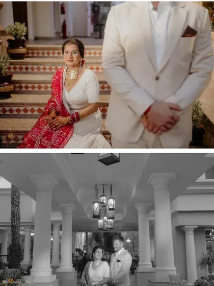 A diptych showing a candid moment of the bride on the stairs and a classic black and white portrait of the couple, capturing the elegance of their reception.
