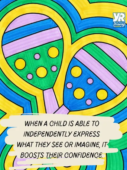 This vibrant drawing of maracas illustrates a key benefit of our classes. When a child can independently express what they see or imagine, it gives their confidence a huge boost.