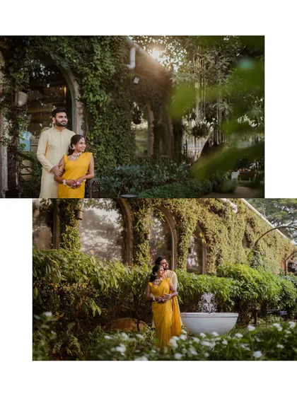Two portraits of the couple in their yellow Haldi outfits, set against a stunning ivy-covered building. These shots showcase the beautiful venue and the couple's connection.