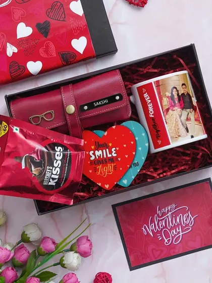 An overhead view of the Valentine Delight Hamper, showing all the personalized items neatly arranged in the gift box.