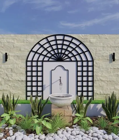 This is a design concept for a long planter box that wasn't getting enough sunlight. I added shade-loving plants and created a feature wall with decorative metal trellises and a central fountain to make it a beautiful view from the living room.
