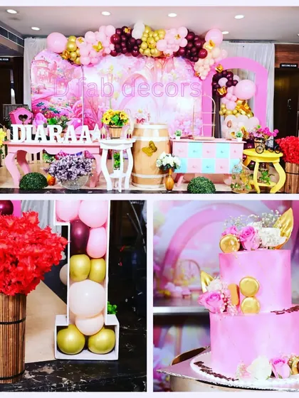 A collage showing the details of a beautiful pink-themed first birthday for Diaara. We used various shades of pink, gold accents, and fresh flowers to create a soft and elegant look.