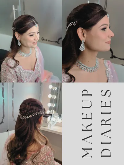 This collage shows the complete look for a Sangeet or engagement ceremony. I created a soft glam look with a shimmering eyeshadow, defined brows, and a half-up braided hairstyle with delicate accessories, perfect for a night of celebration.