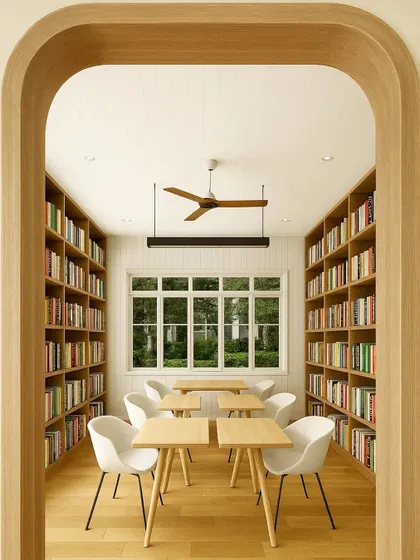 Symmetry and simplicity define this serene reading room at Queen’s College. Framed by a beautiful wooden arch, the space uses full-height bookshelves and minimalist furniture to create a quiet, light-filled sanctuary for students.