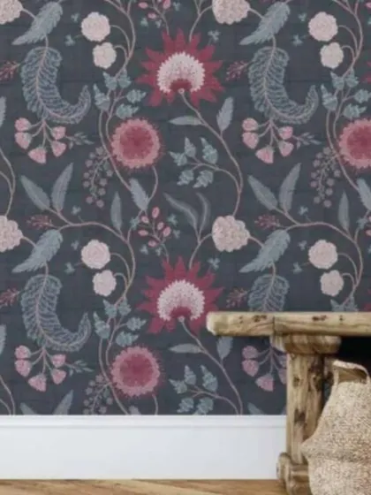 The same Sanganeri floral design but in a bolder, dark colorway. The deep background makes the pink and grey botanicals pop, creating a more dramatic and romantic feel.