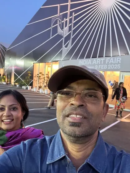 A selfie with my friend outside the India Art Fair in Delhi. Attending major art events like this is essential to stay updated with the latest trends and connect with the larger art world.