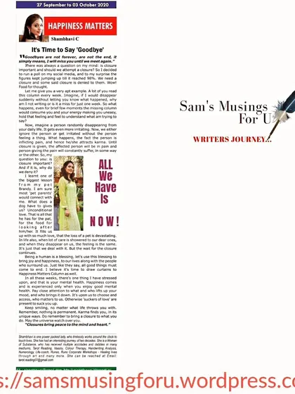 "It's Time to Say Goodbye," a column on the importance of closure. My writing journey allows me to explore deep, meaningful topics that matter to us all.