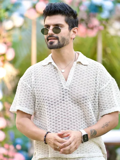 A cool, knitted co-ord set for a daytime event in Ahmedabad. This relaxed yet stylish look is perfect for a casual mehendi or pool party.