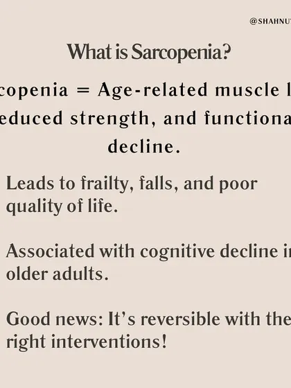 What is Sarcopenia? It's age-related muscle loss, reduced strength, and functional decline. The good news is that it's reversible with the right interventions, like resistance training and proper nutrition.