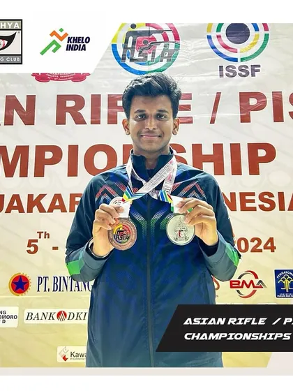 Parth Mane with his bronze medal from the Asian Rifle/Pistol Championship in Jakarta, another significant achievement in his shooting career.