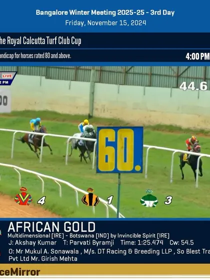 Race 6 results from November 15, 2024: African Gold wins The Royal Calcutta Turf Club Cup.