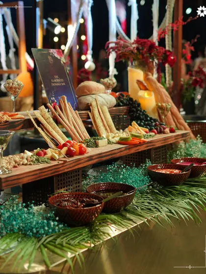 Our elaborate Fromage Bar at a destination wedding in Bengaluru. We bring gourmet experiences like artisanal cheese and bread bars to any location, ensuring a sophisticated touch.