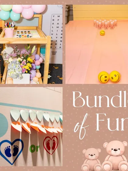 More fun games from the baby shower, including 'baby bowling' and a gender prediction board, adding a playful and interactive element to the celebration.