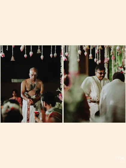 A diptych of the priests and guests during the wedding ceremony, capturing the solemn and traditional atmosphere.