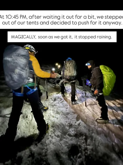 The summit push for Friendship Peak begins at 10:45 PM. After waiting out the rain, the team steps out under headlamps to begin the challenging night climb.