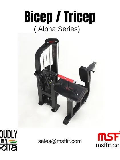 An angled view of the Alpha Series Bicep / Tricep machine, highlighting its compact design.