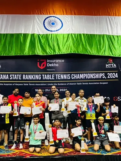 The full contingent of winners at the 1st Haryana State Ranking Table Tennis Championships. We are proud to have our players among the top-ranked athletes in the state, a result of our rigorous training regimen.