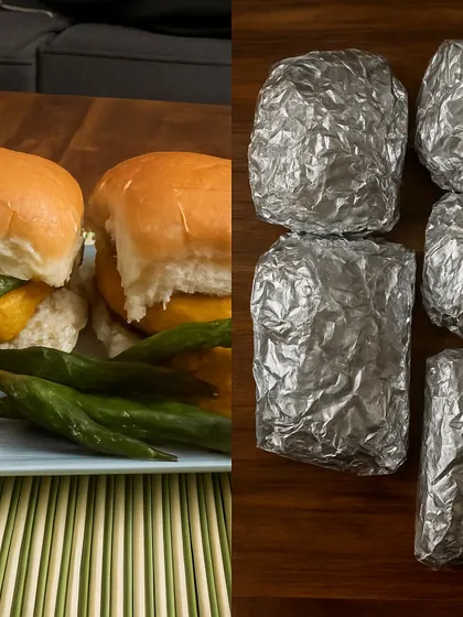 Vada pav and foil-wrapped parcels are ready from our kitchen, with fried chillies shown beside the buns.