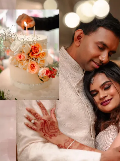 A collage capturing the sweet details of an engagement: the cake cutting, the bride's henna, and a tender embrace.