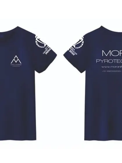 A mockup showing another version of the custom crew T-shirt with names on the sleeves.
