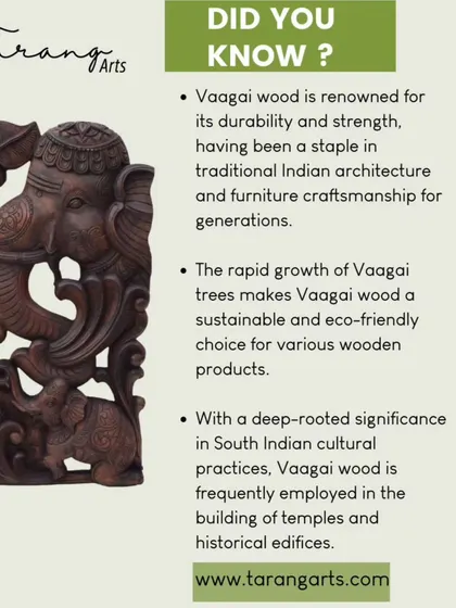 Did you know? This graphic explains the significance of Vaagai wood. It is renowned for its durability, sustainability, and deep cultural roots in South Indian temple architecture, making it a meaningful choice for our handcrafted products.