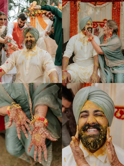 A collection of moments from the groom's Haldi, showing him getting covered in turmeric by his loved ones. It’s all about capturing the fun.