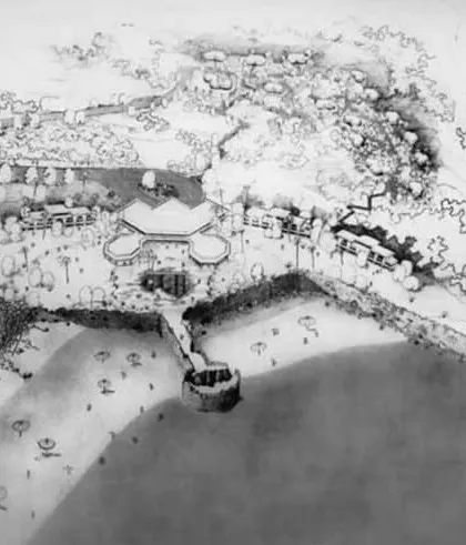 An illustrative sketch of the Fort Aguada Beach Resort, showing how the built forms are integrated into the hillside and coastline. The goal was not for the building to disappear, but for it to continue the natural flow of the terrain, a principle that still guides my work today.