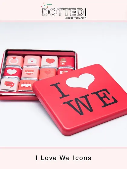 My "I Love We" chocolate tin, filled with individually wrapped chocolates with cute love-themed icons. A simple, sweet, and stylish gift.